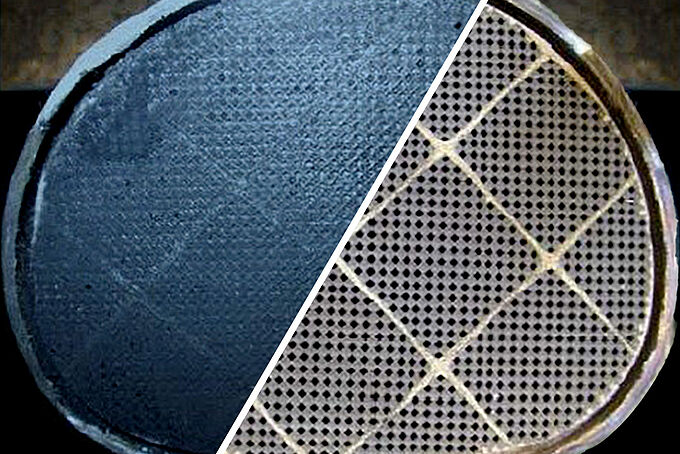 左：目詰まりしたDPF／右：清浄なDPF の断面比較図